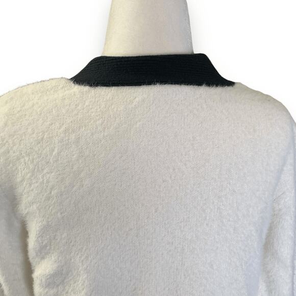 Boston Proper White Black Gold Button Colorblock V Neck Cardigan XS Fuzzy Plush - Picture 6 of 12